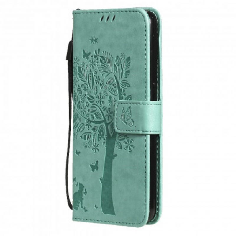 Θήκη Flip Oppo Reno 6 5G με κορδονι Δέντρο Και Strappy Cat