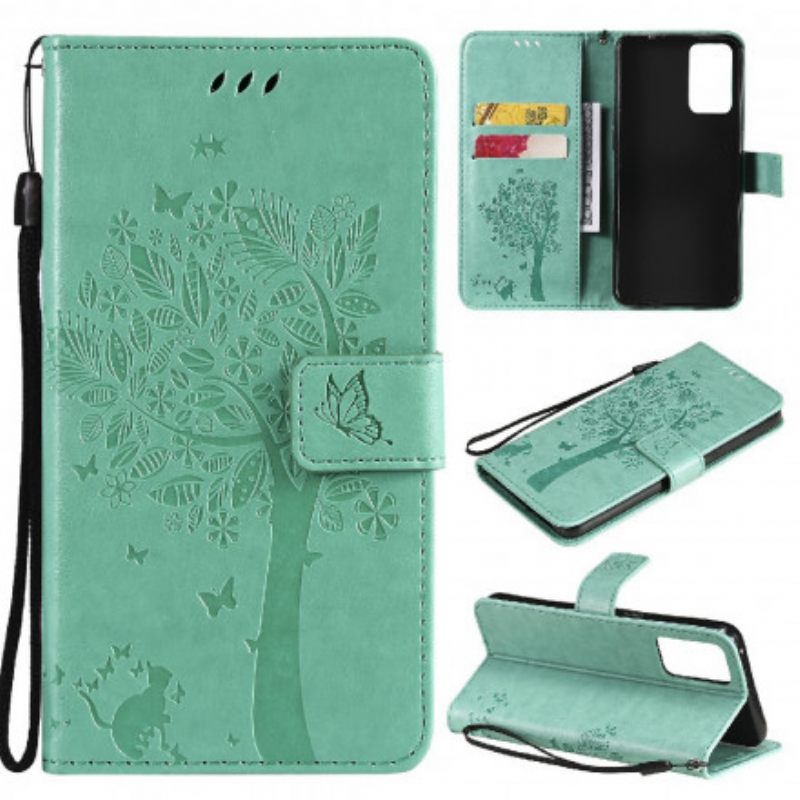 Θήκη Flip Oppo Reno 6 5G με κορδονι Δέντρο Και Strappy Cat