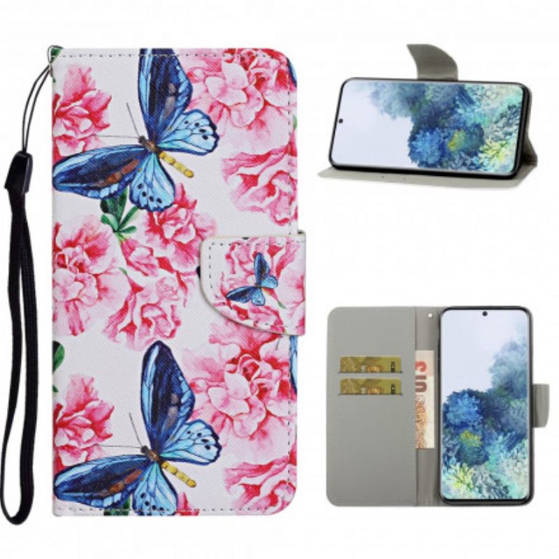 δερματινη θηκη Samsung Galaxy S21 Ultra 5G Πεταλούδες Floral Lanyard