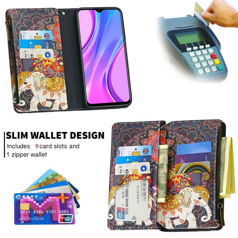 Θήκη Flip Xiaomi Redmi 9 Τσέπη Με Φερμουάρ Ελέφαντα
