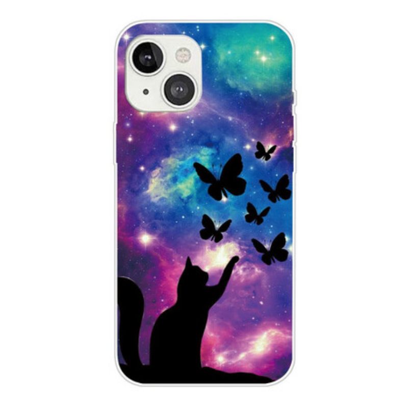 θηκη κινητου iPhone 13 Mini Γάτα Και Πεταλούδες Στο Διάστημα