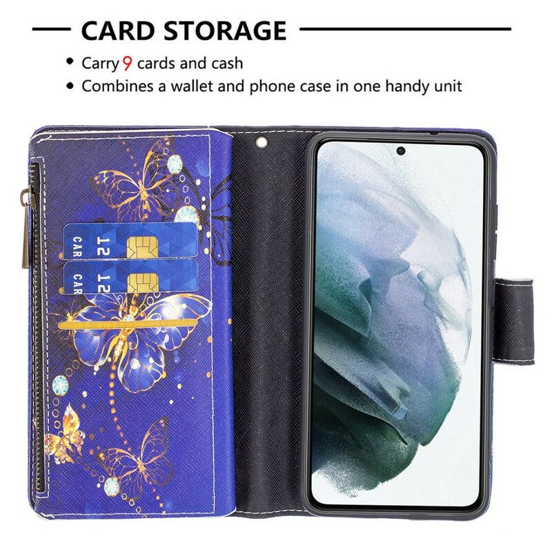 Θήκη Flip Samsung Galaxy S21 FE Πεταλούδες Butterflies Πουγκί Με Φερμουάρ