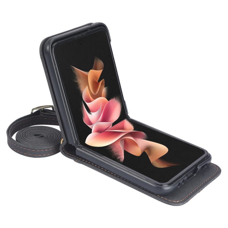Θήκη Samsung Galaxy Z Flip 3 5G Θήκη Flip Δερμάτινη Θήκη Για Κάρτες Και Κορδόνι