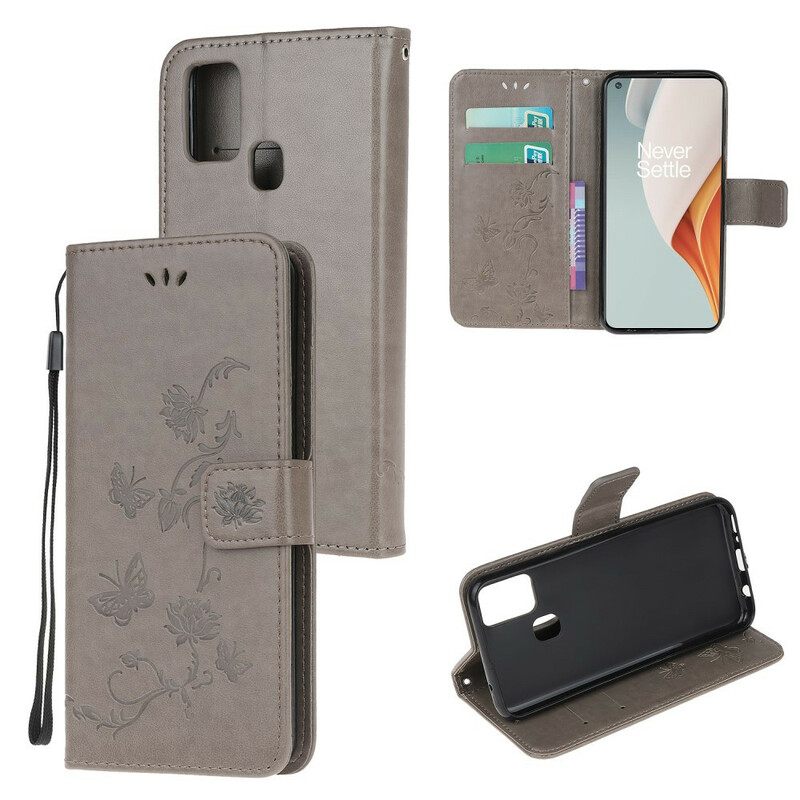 Θήκη Flip OnePlus Nord N100 με κορδονι Πεταλούδες Και Λουλούδια Στρινγκ