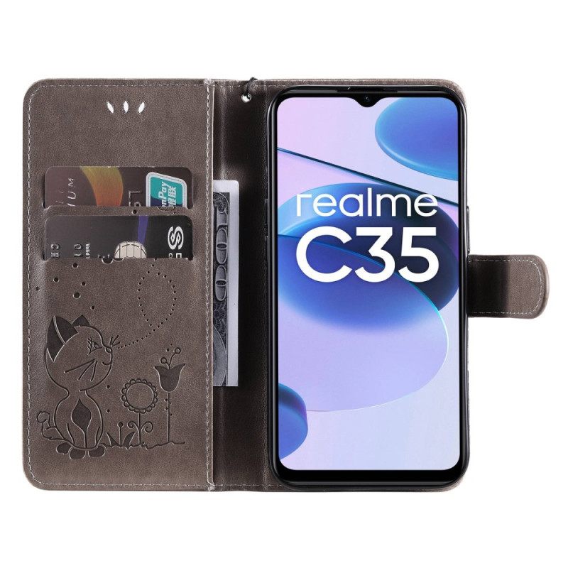δερματινη θηκη Realme C35 με κορδονι Cat Flowers Bee Strappy
