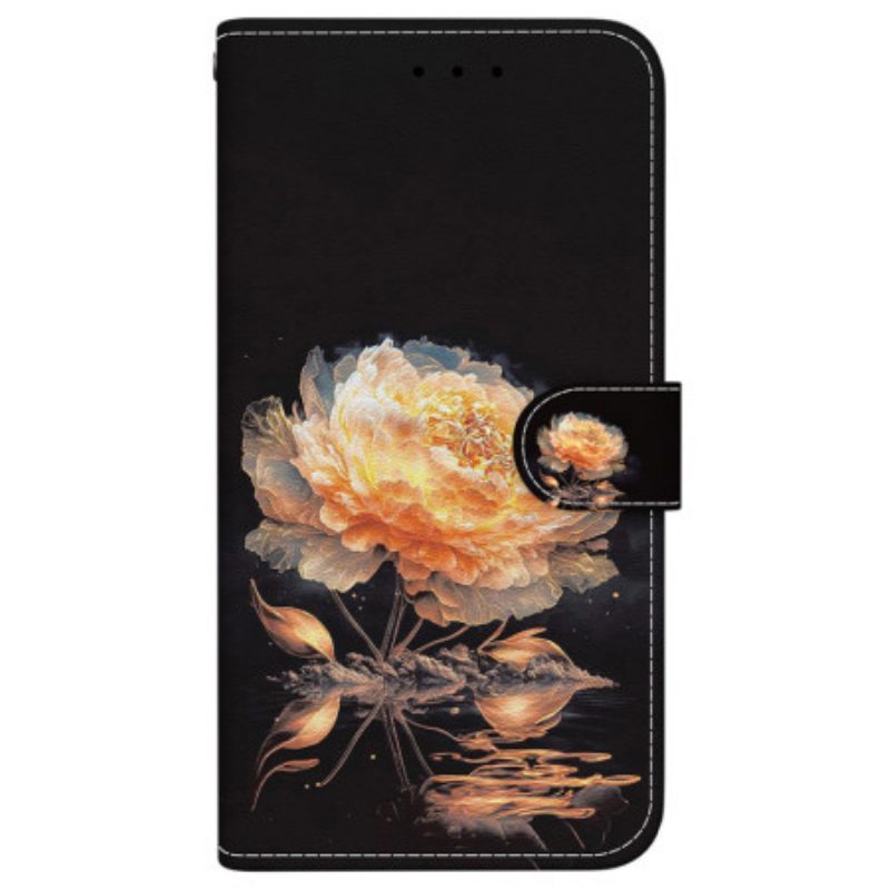 Δερματινη Θηκη iPhone 16 Plus Χρυσή Παιώνια Με Λουράκι Σιλικόνης