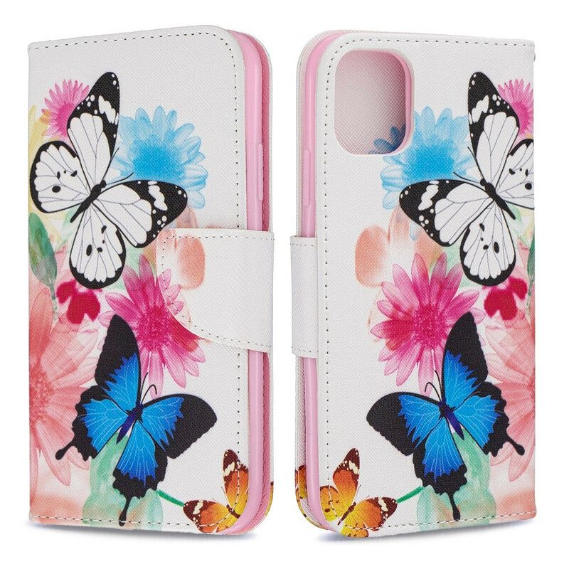 Θήκη Flip iPhone 11 Ζωγραφισμένες Πεταλούδες Και Λουλούδια